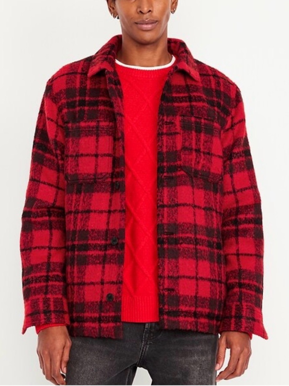 Old Navy Cozy-Lined Sherpa Shacket Red Black Plaid Medium Mens New